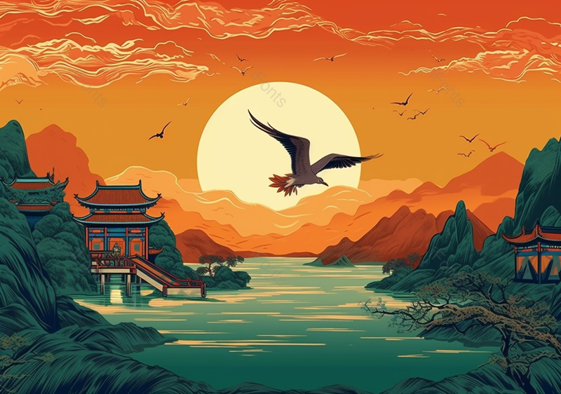 鸟群湖泊亭子夕阳中国风国潮古典复古插画,插画/手绘图,插画/手绘图库,插画/手绘图下载,插画/手绘